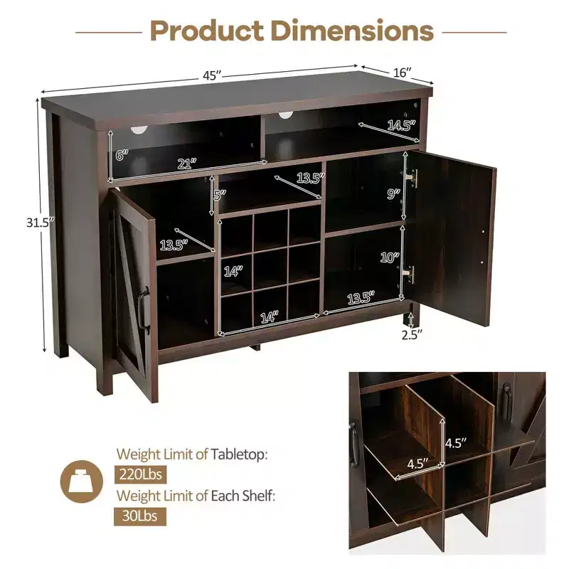 Costway Buffet Storage Cabinet Farmhouse Sideboard w/9-Bottle Wine Rack & 2 Doors
