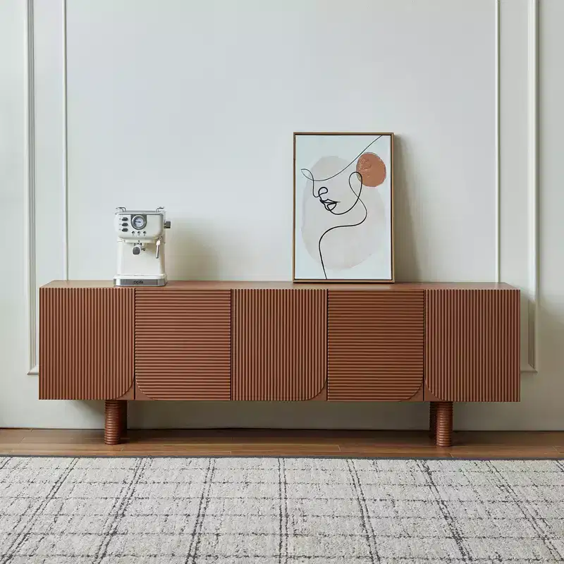 70.9 Inch Mid-Century Modern Fluted TV Media Cabinet, Fits TVs up to 80 Inches, with Recessed Door Panels and 4 Storage Cabinets, Walnut