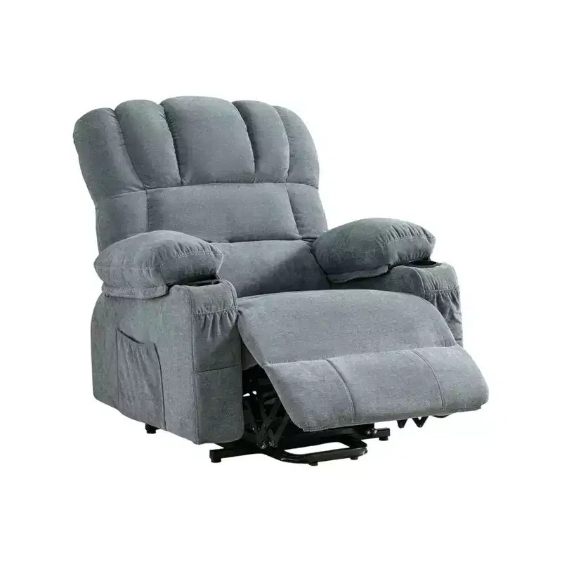 HomeRoots 39 Blue Faux Leather Leather Heated Massage Lift Assist Recliner With USB