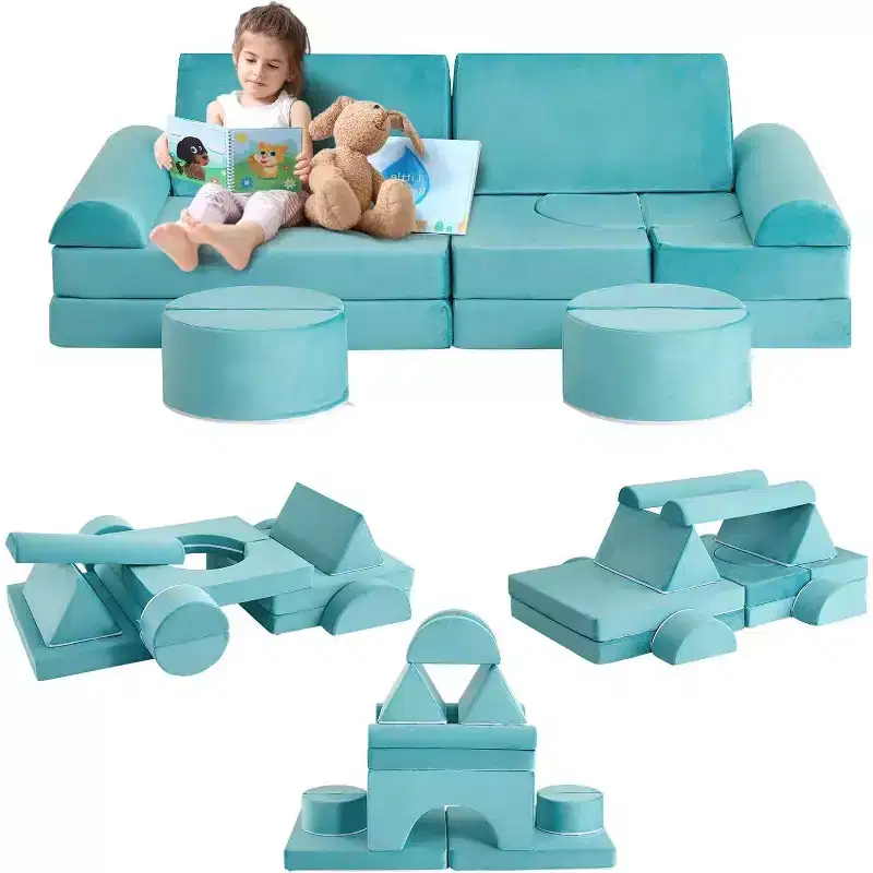 Acekool Modular Kids Play Couch - 15-Piece Set with Soft Velvet Covers, Reconfigurable Shapes for Playrooms & Indoor Fun (Blue)