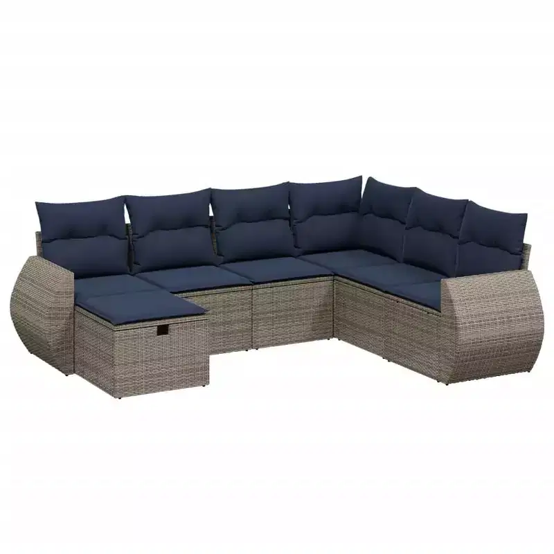 vidaXL 7 Piece Patio Sofa Set with Cushions Poly Rattan - Gray and Blue Without Table