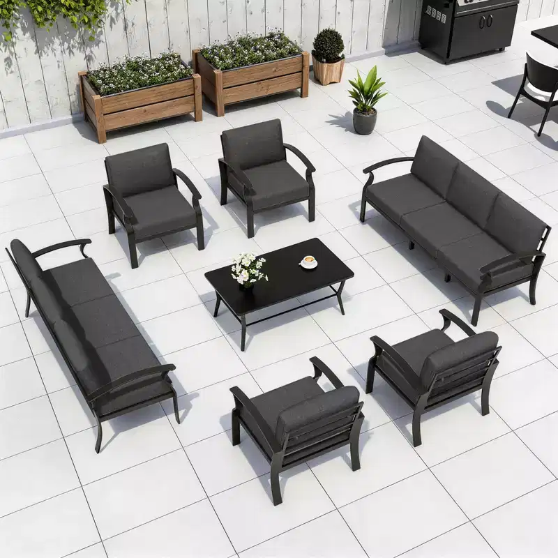 ALAULM 8-Seat Aluminum Patio Furniture Sofa Set, Outdoor Furniture Set w/Metal Coffee Table & 5Thick cushions