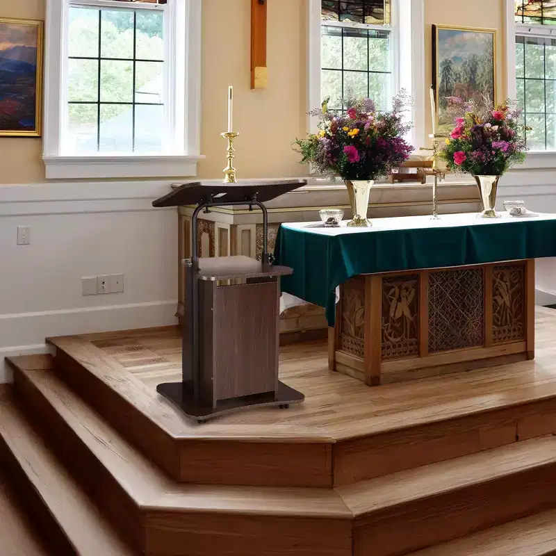 Yescom Wood Podium Stand with 4-360 Lockable Rolling Wheels Tilting Tabletop 33-46 Height Adjustable Shelves,Pulpits for Churches Brown, 23L x
