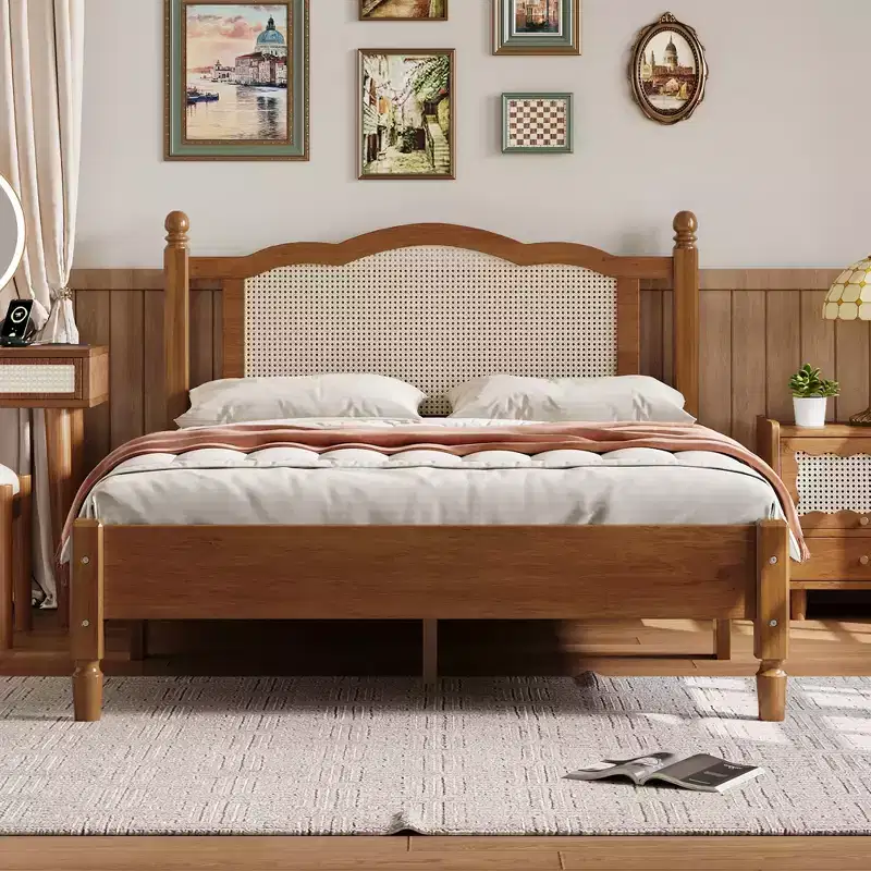 Queen/Full Platform Bed with Natural Rattan Headboard & Wood Slats, 600 lb Capacity