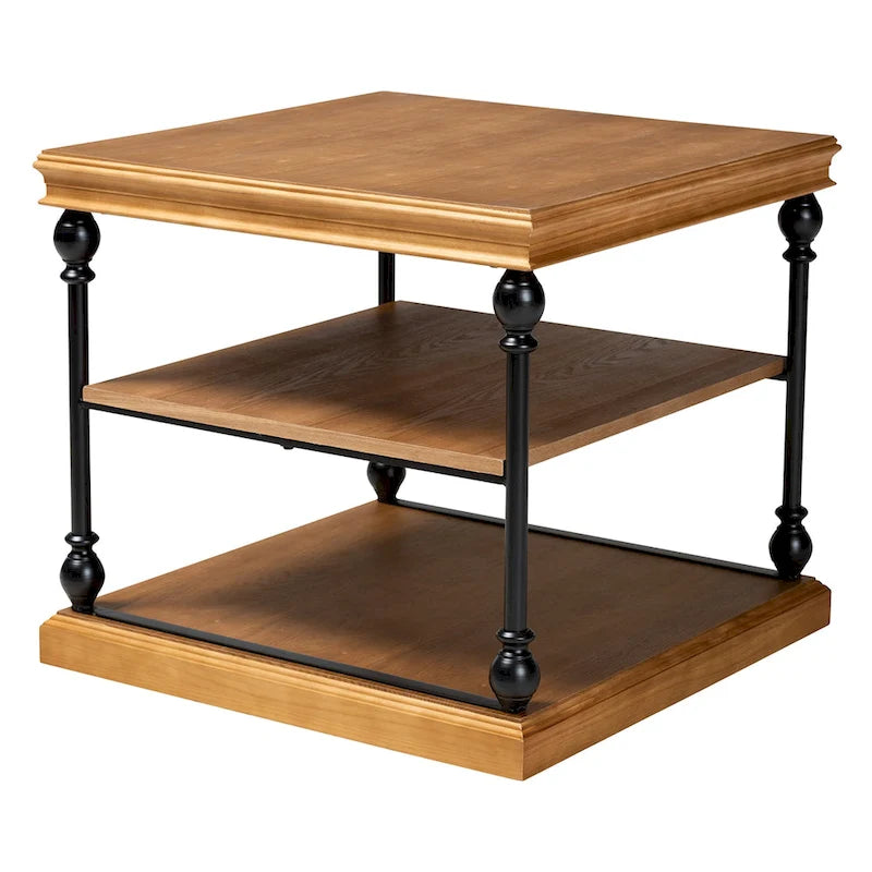 Traditional Industrial Wood and Black Metal 3-Tier End Table