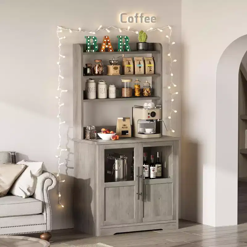 Farmhouse Bakers Rack, Rustic Wood Hutch with Glass Door Storage Cabinet, Kitchen Pantry Organizer Microwave Stand