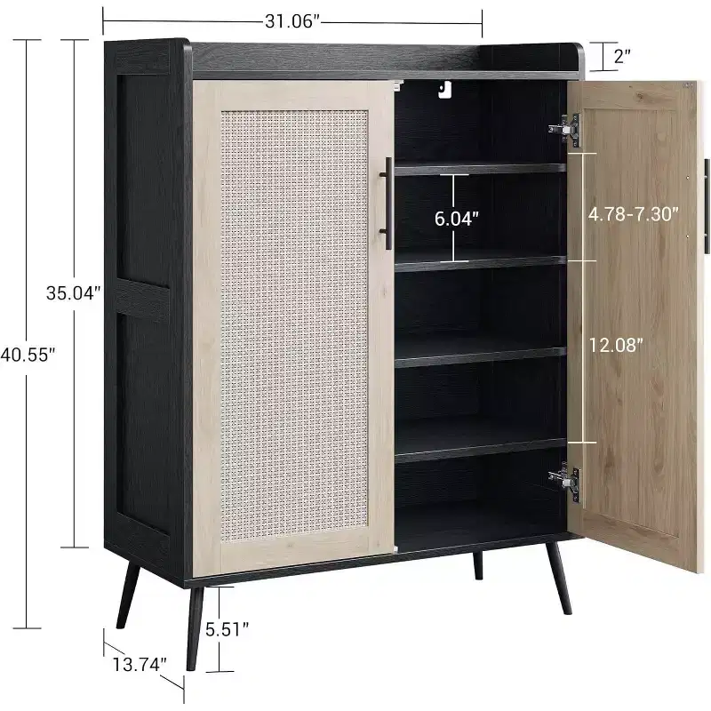 6-Tier Rattan Shoe Cabinet with 2 Doors, Adjustable Shelves, Wooden Shoe Rack for Entryway, Hallway, Living Room