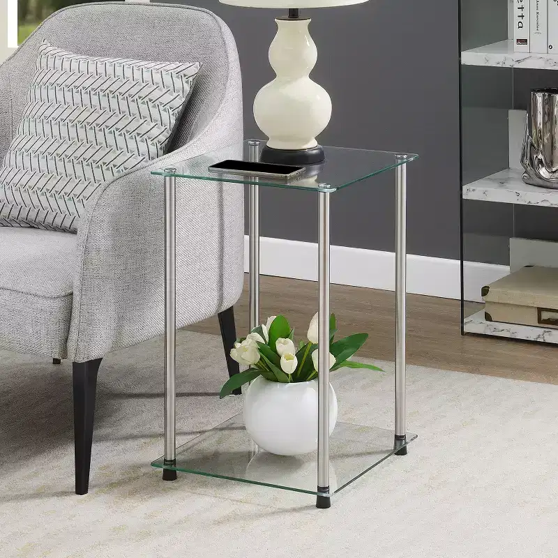 2-Tier Square End Table with Tempered Glass Shelves & Stainless Steel Frame, Modern Accent Side Table