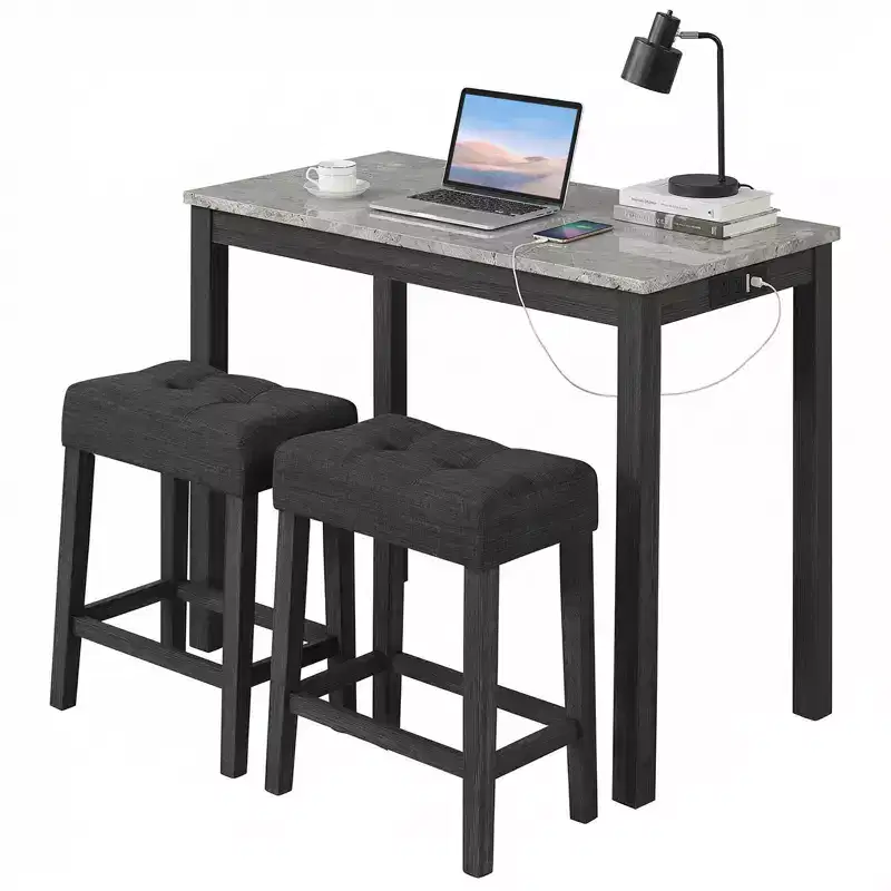 Costway 3 PCS Bar Table Set w/ Charging Station Modern Counter Height Breakfast Table