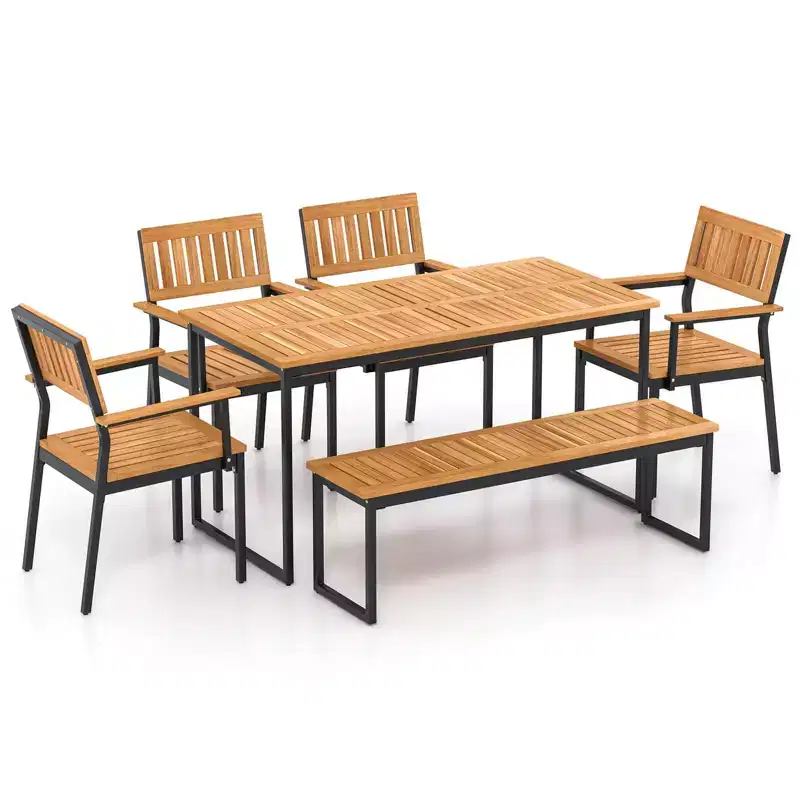 Costway 6 PCS Outdoor Acacia Wood Dining Set with Bench 2 Umbrella Hole for 6-7 People