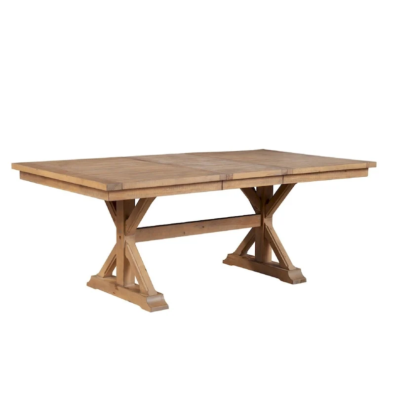 Tess 78 Inch Dining Table, Extendable Leaf, Trestle Base, Natural Brown