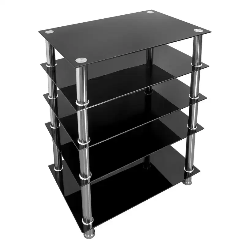 Tempered Glass AV Media Stand - 5 Shelves, 220 lbs Capacity, Black Shelves & Chrome Legs
