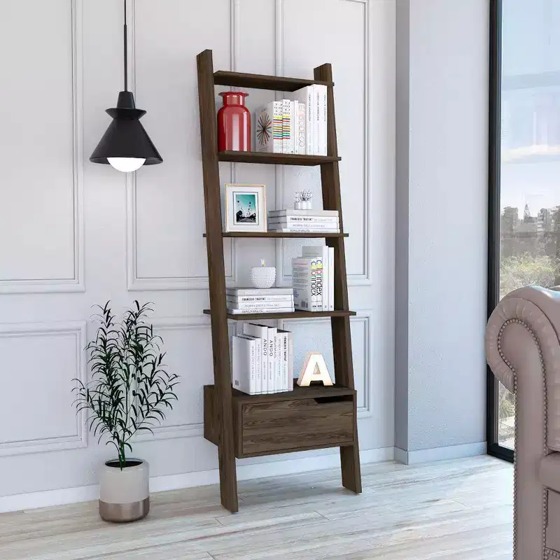 5-Shelf Ladder Bookcase with Drawer