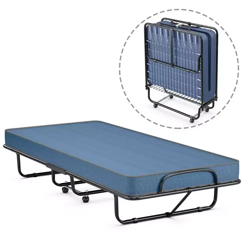 Folding Bed with Memory Foam Mattress, Portable Rollaway Guest Cot, Navy