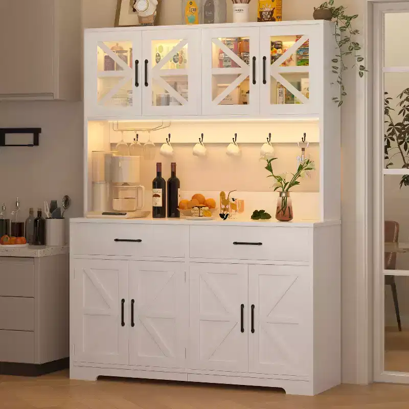 Dyonery white minimalist food storage cabinet, with glass cabinet doors, features 8 spacious storage zones and 2 drawers.