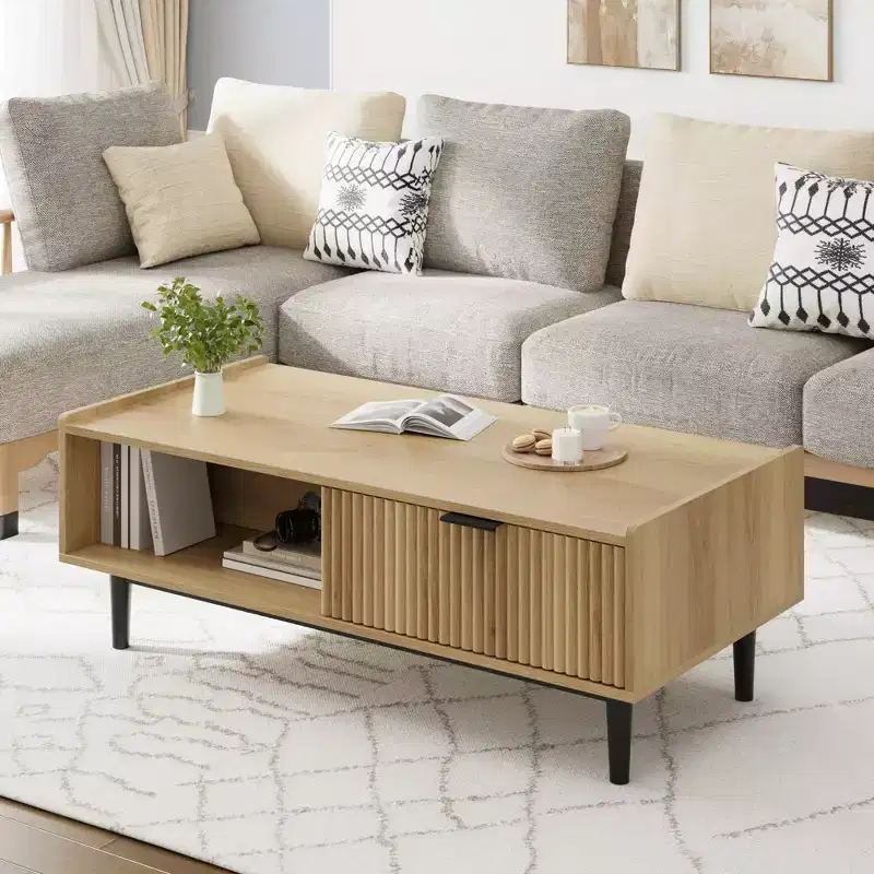 Wave Pattern Coffee Table, Natural Wood Grain Finish Accent Table for Living Room with Sturdy Frame