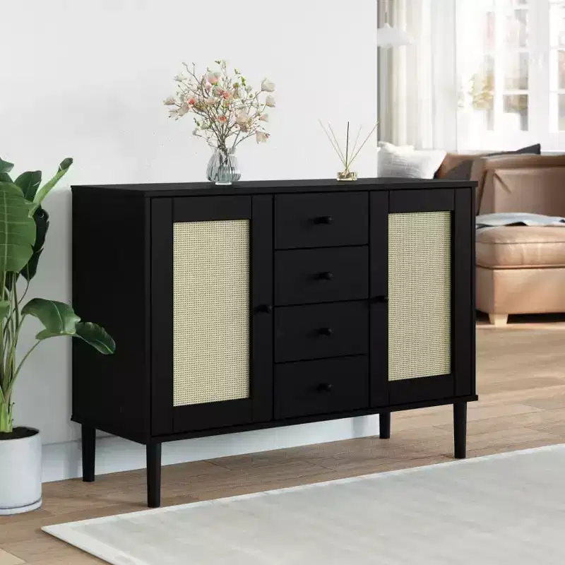 Sideboard Buffet Storage Cabinet Rattan Look Solid Wood Pine, With 4 Drawers