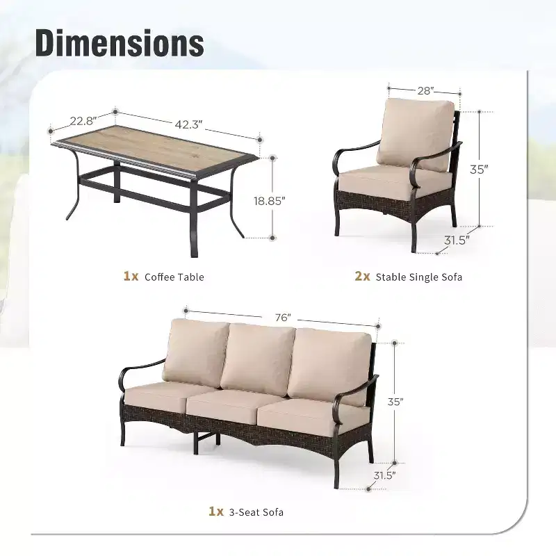 Captiva Designs 4pc Extra Large Metal and Rattan Outdoor Patio Conversation Set with Coffee Table