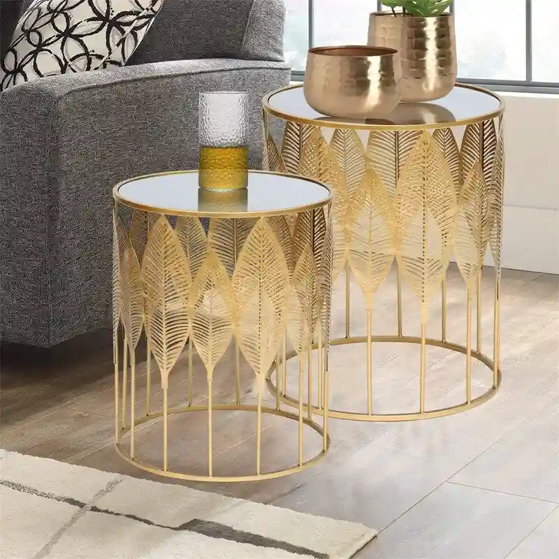 Gold Round Metal Nesting Side Table, Single, Leaf Accent