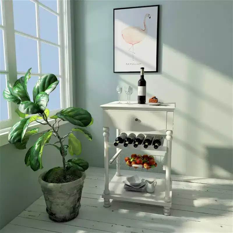 Kitchen Cart with Drawer, Storage Shelves & Basket - White