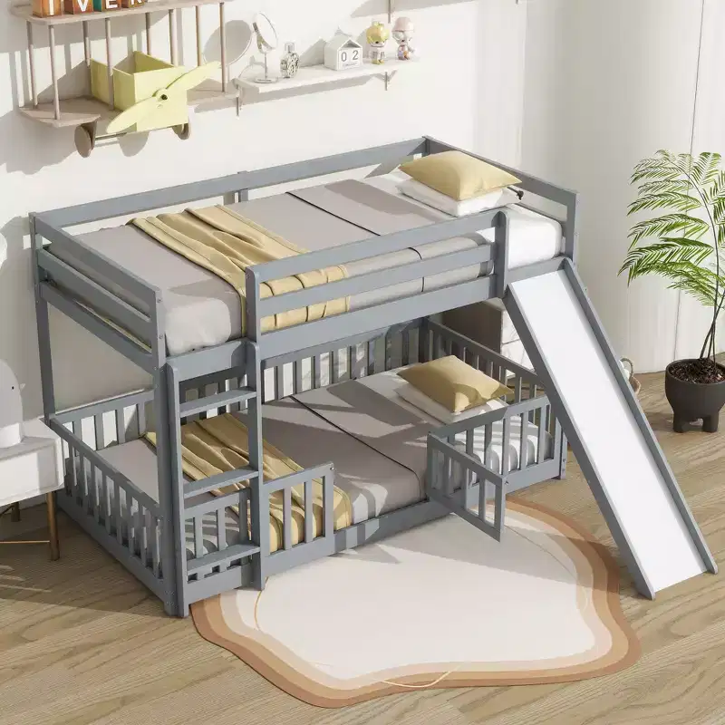 MAYEERTY Twin Over Twin Floor Bunk Bed with Slide Ladder Door Safety Guardrails Solid Pine Wood Bunk Bed Gray