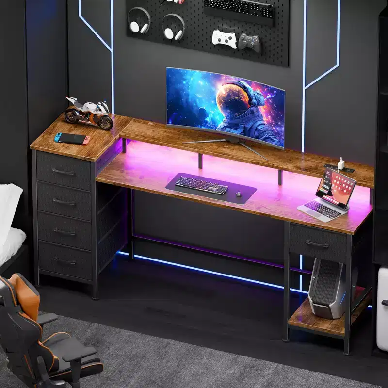 61 Inch Brown Computer Desk with Charging Station Gaming Desk LED Lights Reversible 5 Fabric Drawers Home Office Writing Table Study Storage