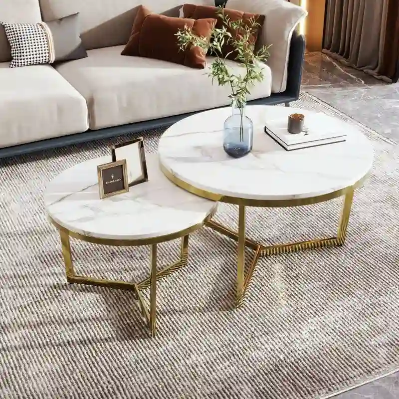 2Pcs Modern Round Nesting Coffee Table Set with Marbling Top Design and Gold Base