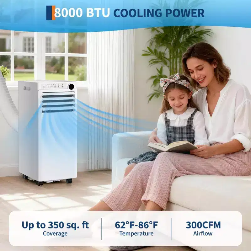 8,000 BTU Portable AC Unit - 3-in-1 White Air Conditioner (1 Pack) for Rooms Up to 350 Sq.Ft | Includes Remote, Window Kit & 24H Timer for Bedroom
