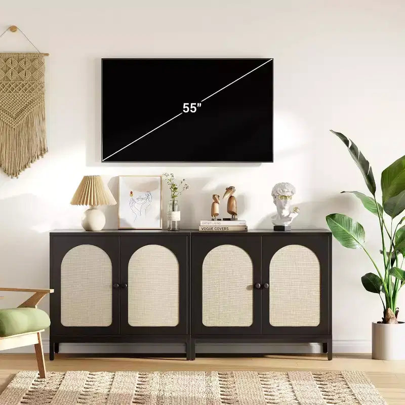Rattan Sideboard , Buffet Sideboard with Adjustable Shelves, Wooden Storage Cabinet for Living Room, Hallway