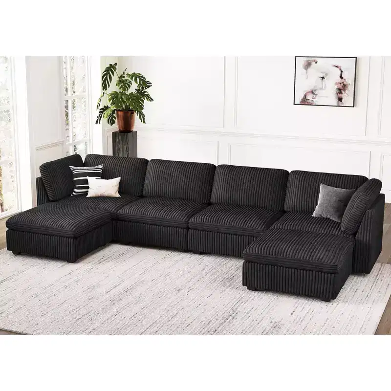 Belffin U-Shaped 6-Seater Corduroy Sectional - Modular Sofa with Storage Ottoman & Convertible Design