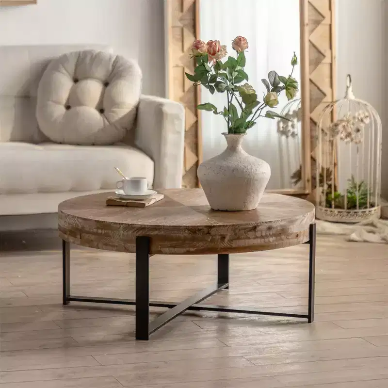 Round Coffee Table Modern Circle Coffee Table With Fir Wood Table Top Cross Legs Base
