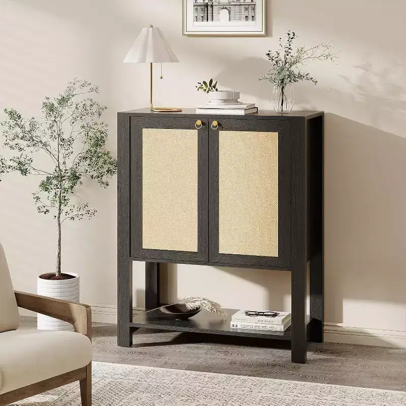 Rattan Shoe Cabinet, 40in Tall Shoe Storage Organizer with Adjustable Shelves and Open Shelf for Entryway, Grey Oak