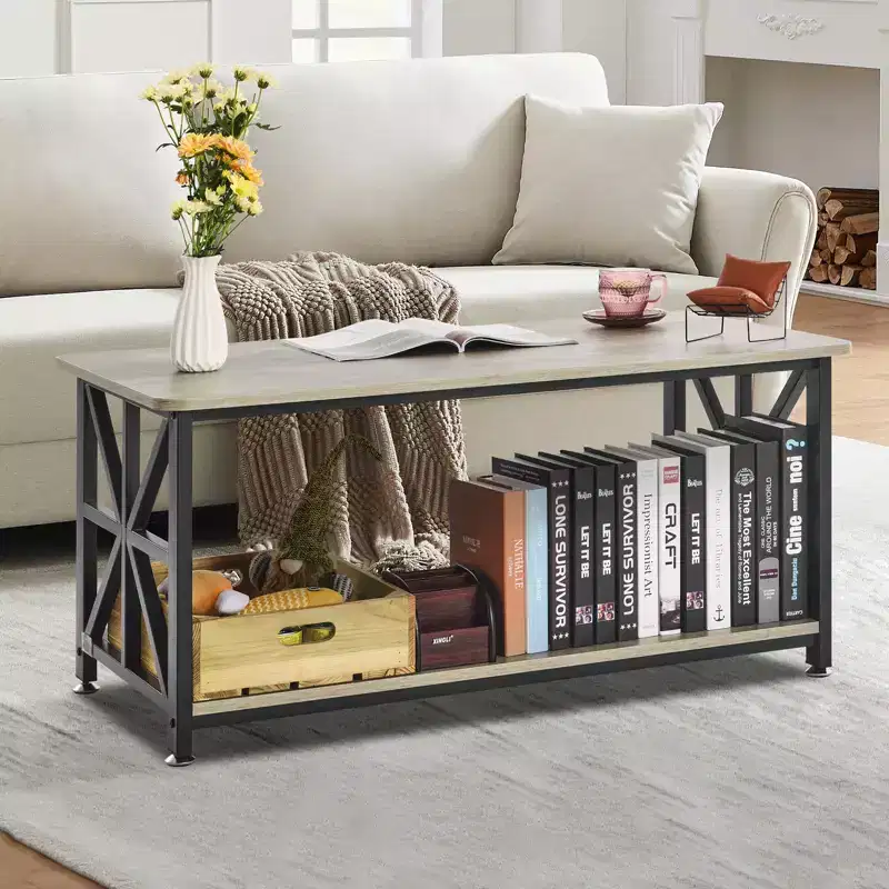 VEVOR 40 Farmhouse Coffee Table, Rectangle Coffee Table with Open Storage Compartment, Wooden Rustic Cocktail Table, Brown & Black