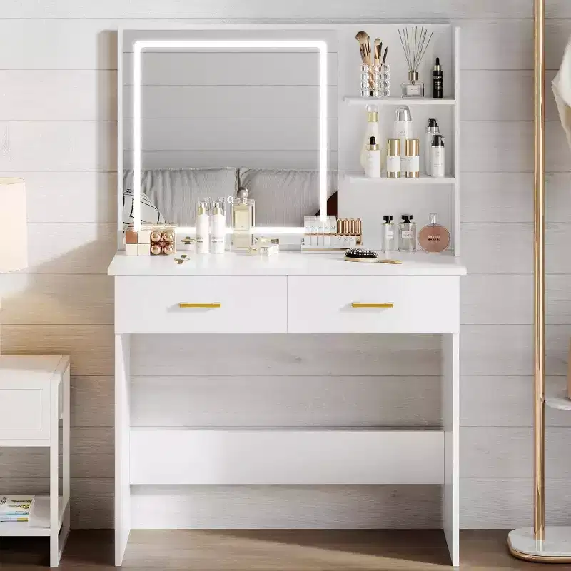 WAYES Vanity Desk with LED Mirror, 3-Foot White Makeup Table for Bedroom, Storage Drawers, and Shelves, White Finish