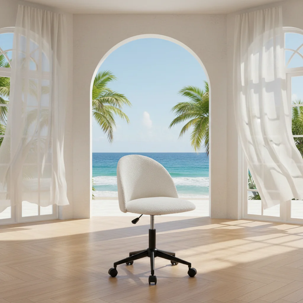Boucle office chair Desk Chair,Mid-Back Adjustable Swivel Computer Chair with Black Legs,Upholstered Desk Chair with Wheels