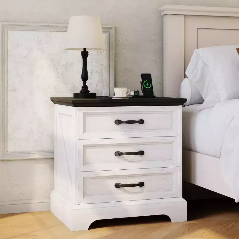 Acekool Modern Farmhouse Nightstand with Charging Station, 3-Drawer Rustic End Table for Bedroom and Living Room