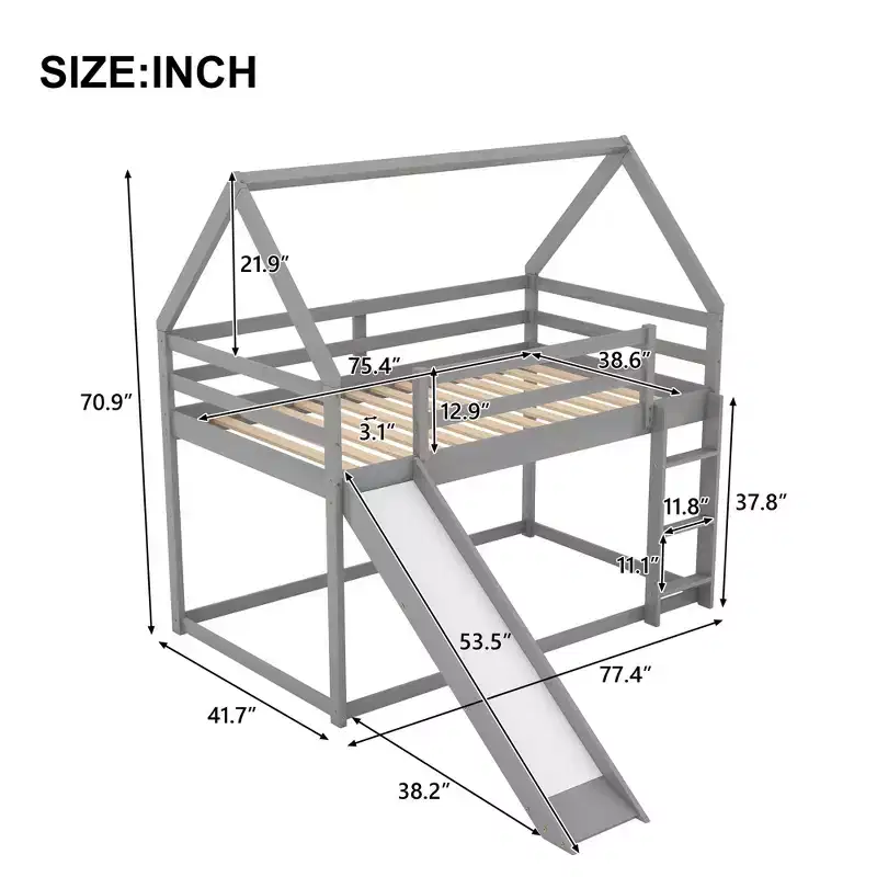 Twin over Twin Floor Bunk Bed with Slide, Ladder, Guardrail and Roofs for Girls Boys