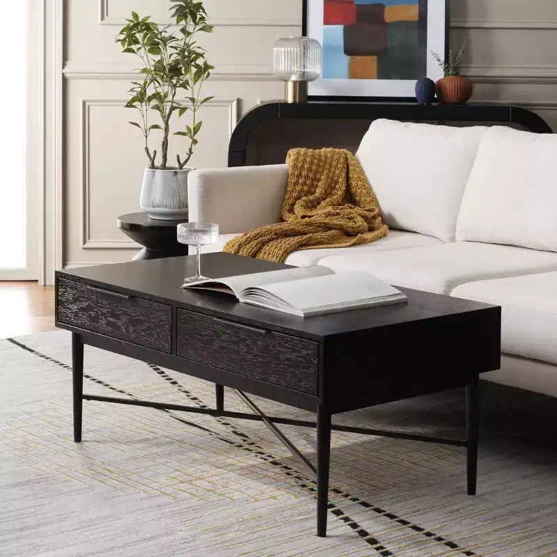 Rectangle Coffee Table with 2 Drawers and Oak Veneer Top, Gold Legs