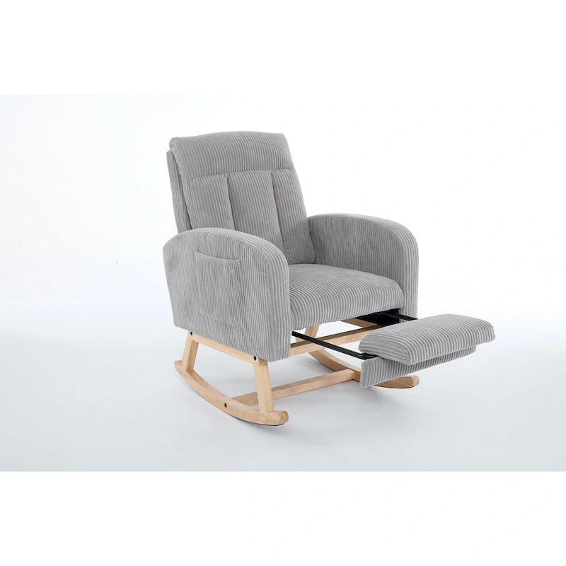 Accent Rocking Chair with Solid Wood Legs, Upholstered Nursery Glider Rocker, Comfy Armchair with Side Pocket