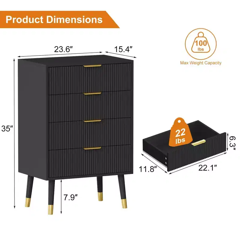 4 Drawer Dresser for Bedroom, Modern Closet Dressers Chest of Drawers, Storage Chest Cabinet Organizer Unit, Small Fluted Nightstand
