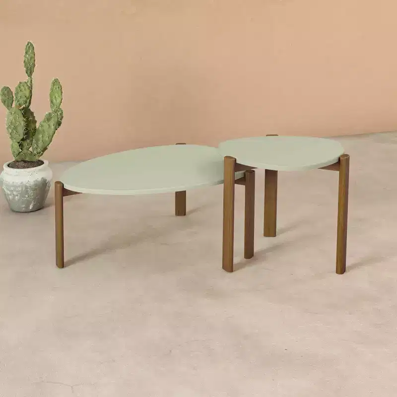 Mid-Century Modern Coffee Table & End Table Set 2-Piece Oval MDF Wood Legs Living Room