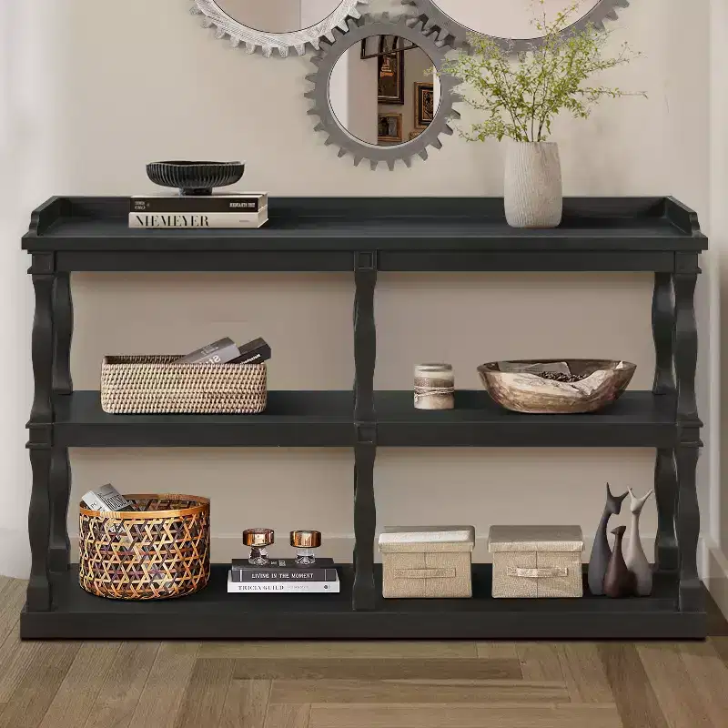 Okak Entry Table with 3-Tier Open Storage Spaces, Console Table with Roman Column Effect Support Legs, Narrow Console Table for Hallway