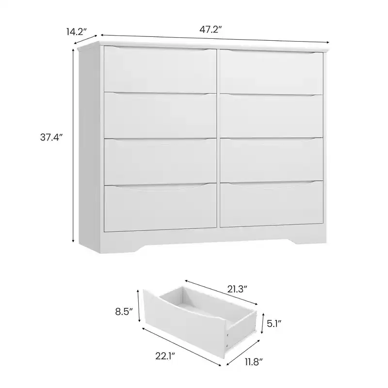 Wooden Dresser with 8 Drawers  Tall Modern Chest, Deep Storage, Wide Top for Bedroom, Living Room, Hallway, Kids Room