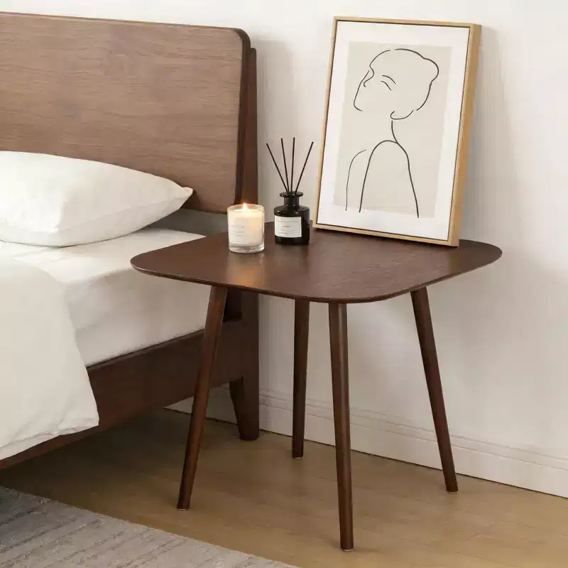 JVNOXK 35-inch square dining table, minimalist design with tapered outward-flared legs, perfect for family gatherings. Walnut