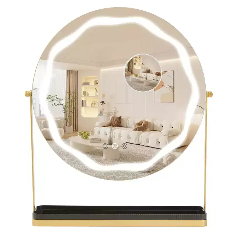 Round Vanity Mirror with Removable Storage Box, Three Colors Dimmable, 360Rotatable, Suitable for Desktop, Bedroom, Easy Assembly, Gold