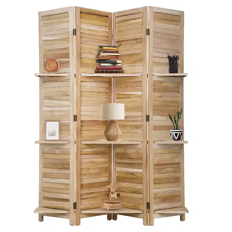 Room Divider 4 Panel Folding Privacy Wooden Screen with 3 Clever Shelves Portable Partition for Home Office or Living Room