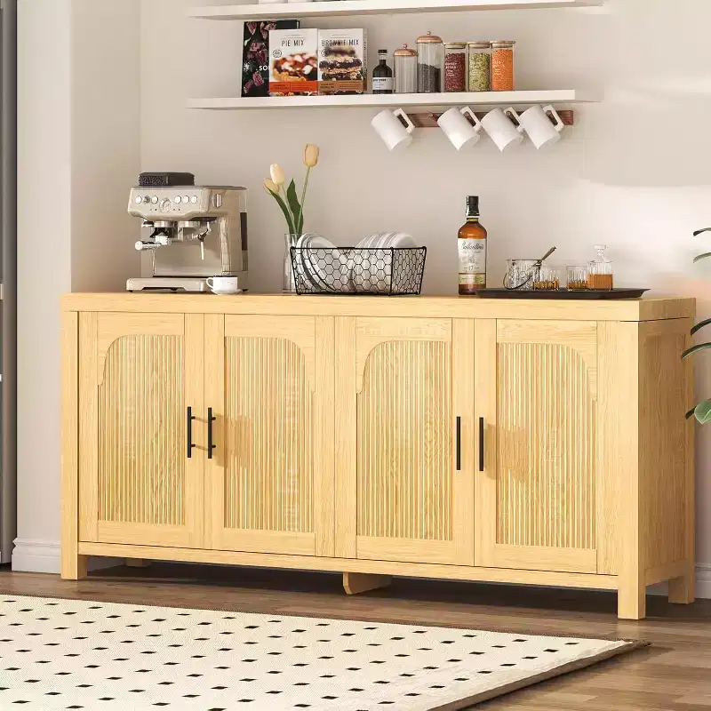 71 Sideboard Buffet Cabinet with 4 Doors, Fluted Credenza Storage Cabinet with Cable Management & Adjustable Shelves, Buffet Table for Kitchen
