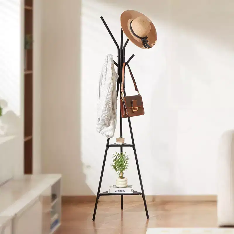 Freestanding Coat Rack with 6 Hooks and 2 Shelves Steel Hall Tree for Entryway