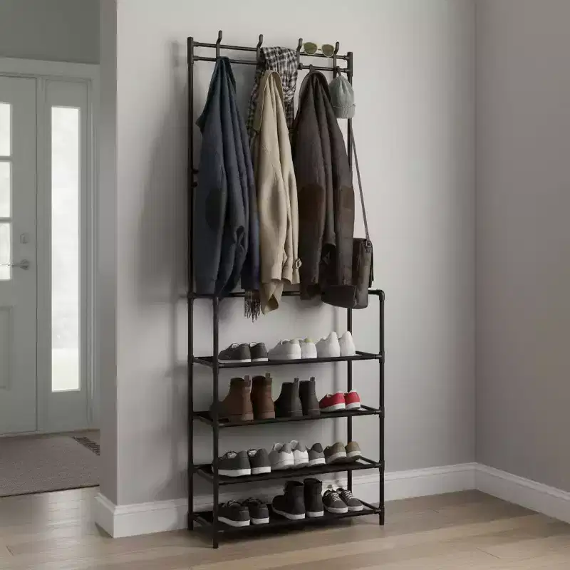 The Lakeside Collection Entryway Shoe & Coat 4-Tier Clothing Organizer Rack with 8 Hooks -