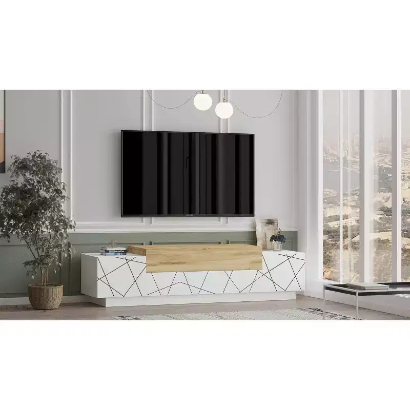 Floyd TV Unit Stand White Felt - UV Print Entertainment Center Console 63 Inches with Storage Shelves & Doors